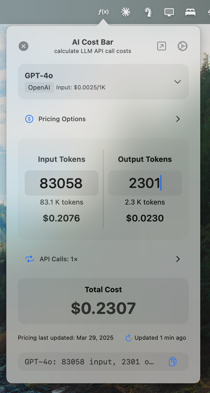 AI Cost Calc App Screenshot showing token cost calculations for GPT-4o